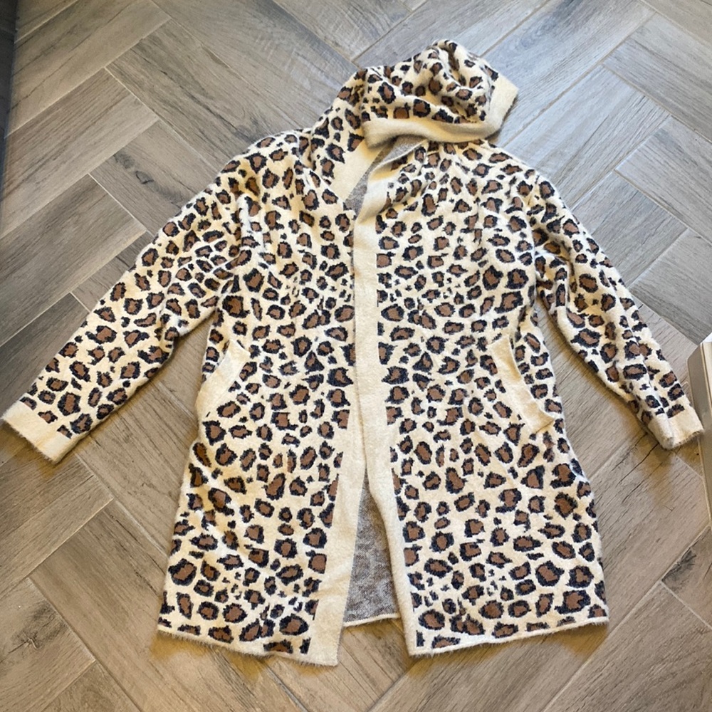 Hooded cardigan with pockets leopard medium